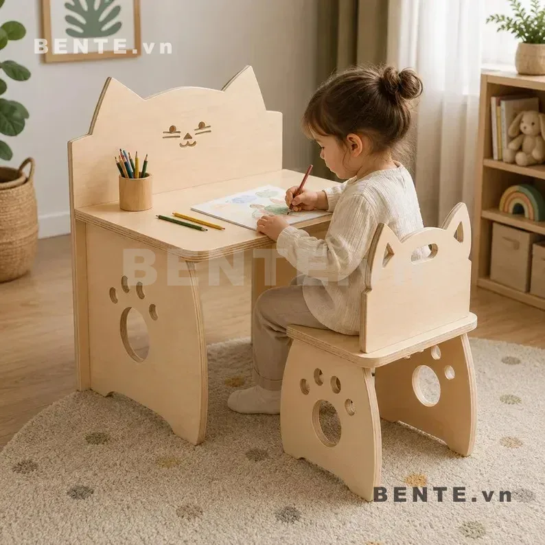 Bàn Học Gỗ Kèm Ghế Hình Mèo Lắp Ráp Đơn Giản Cho Trẻ Em - B40617, bàn học kèm ghế hình mèo, bàn học hình mèo cho bé, bàn ghế trẻ em hình mèo, bàn học trẻ em kèm ghế, bàn học chủ đề mèo cho bé, bàn ghế học tập hình con mèo, bàn học cho bé yêu mèo, bàn học góc học tập trẻ em, bàn học đọc sách vẽ tranh cho bé, nội thất trẻ em hình mèo