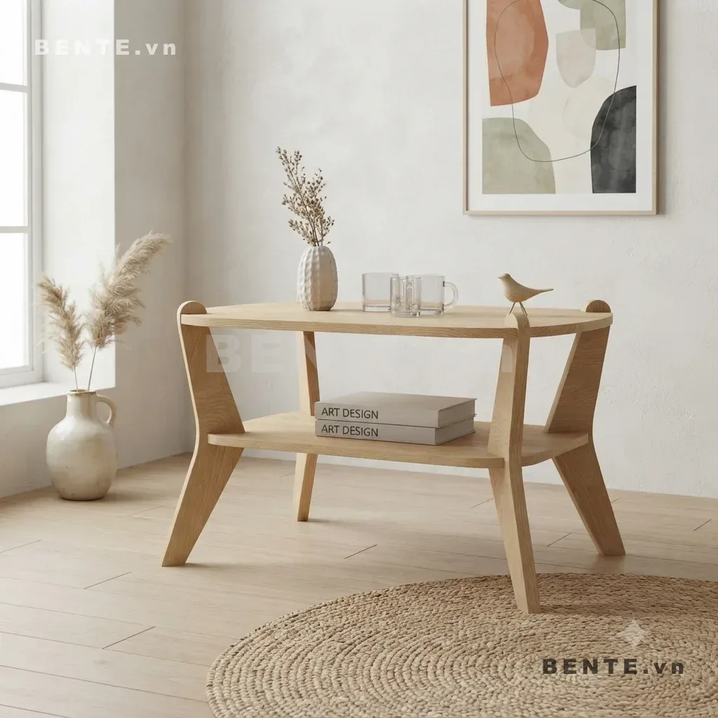 bàn sofa gỗ 2 tầng, bàn mặt chữ nhật bo góc