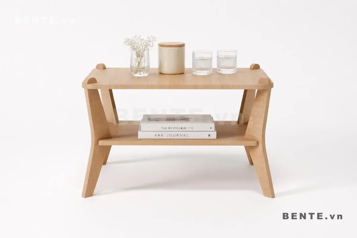 bàn sofa chân tấm cong, bàn trà có kệ mở