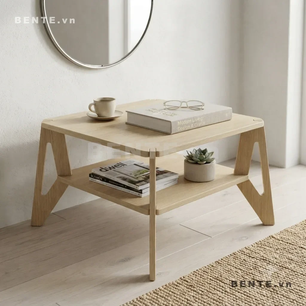 bàn sofa 4 chân tấm, bàn gỗ lắp ráp 2 tầng