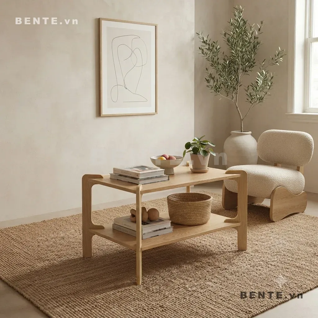 bàn sofa chân bo cong, bàn trà 2 tầng