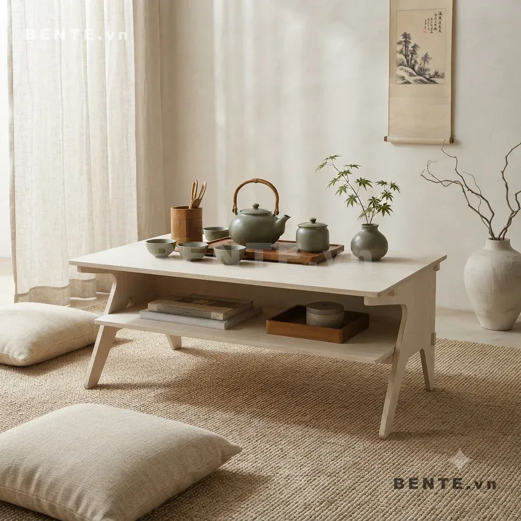 bàn sofa gỗ 2 tầng, bàn trà mặt chữ nhật