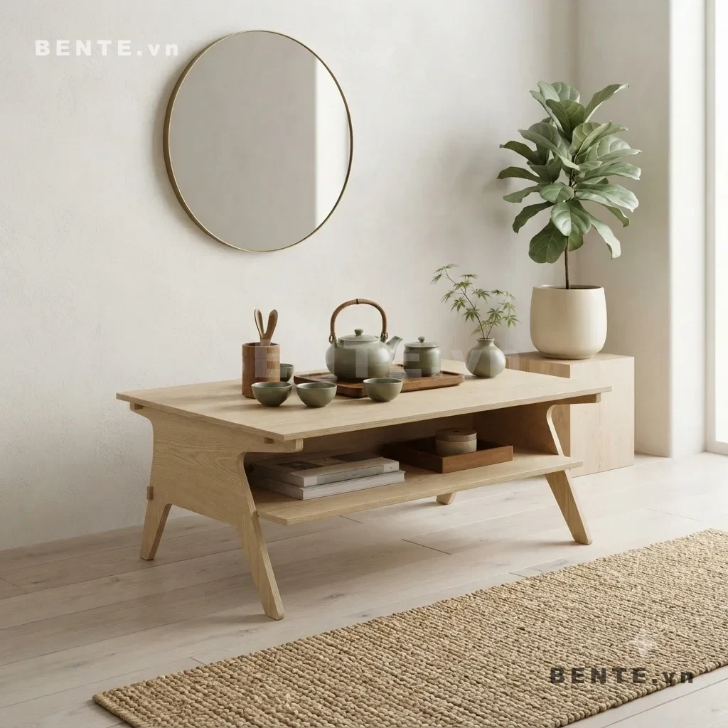 bàn sofa chân hồi khoét cong, bàn có kệ mở