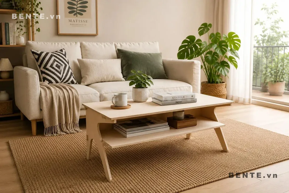 bàn trà chân hồi, bàn mặt chữ nhật kệ mở