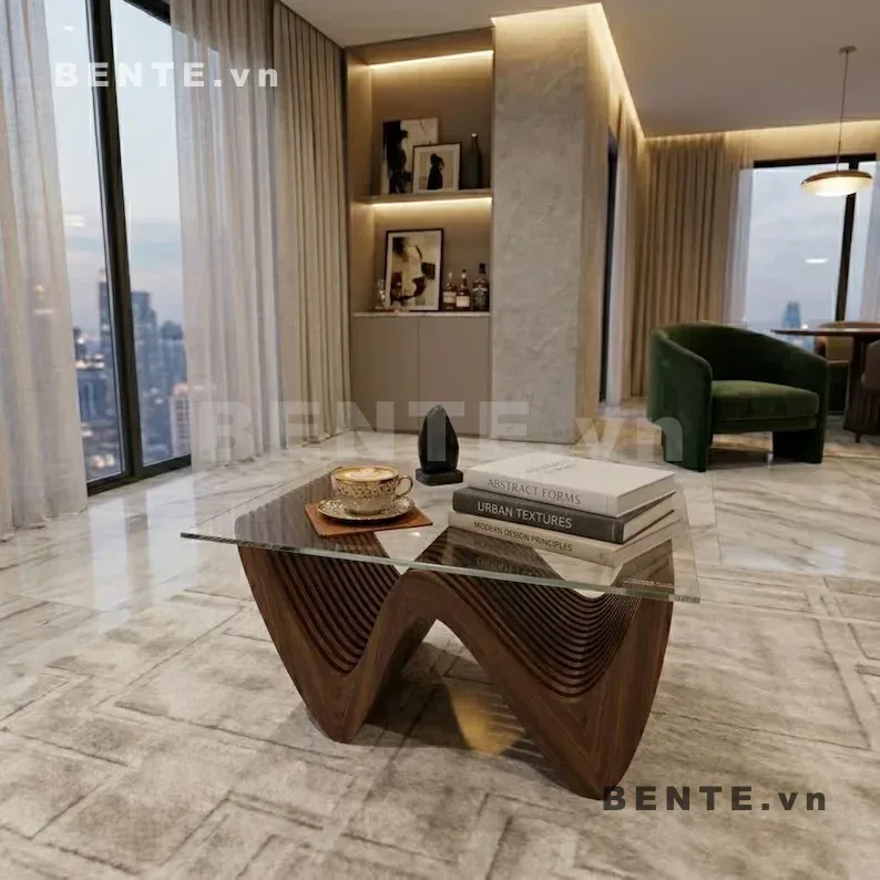 bàn sofa mặt gương gợn sóng, bàn sofa phòng khách hiện đại