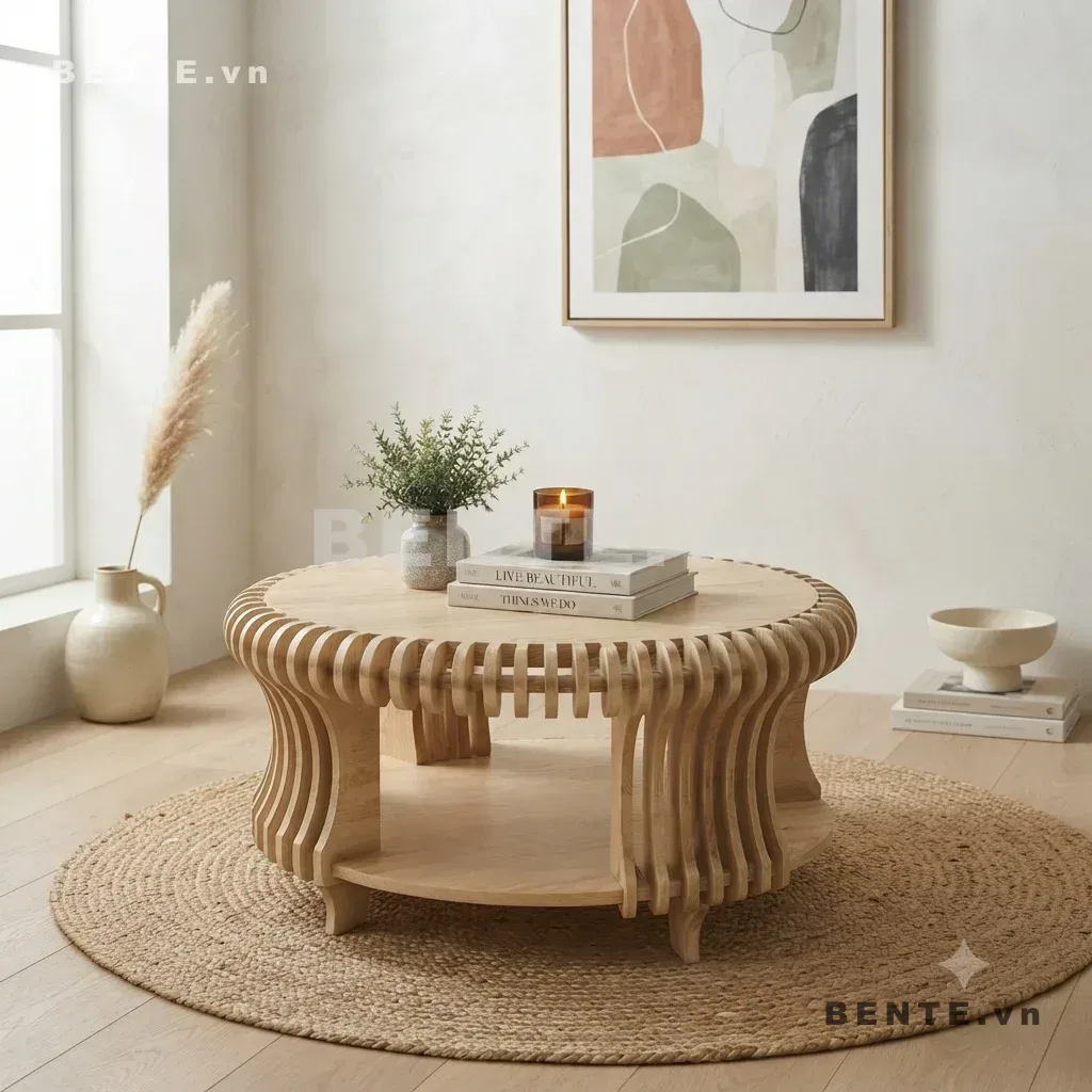 bàn trang trí phòng khách mặt gương, bàn sofa tròn hiện đại