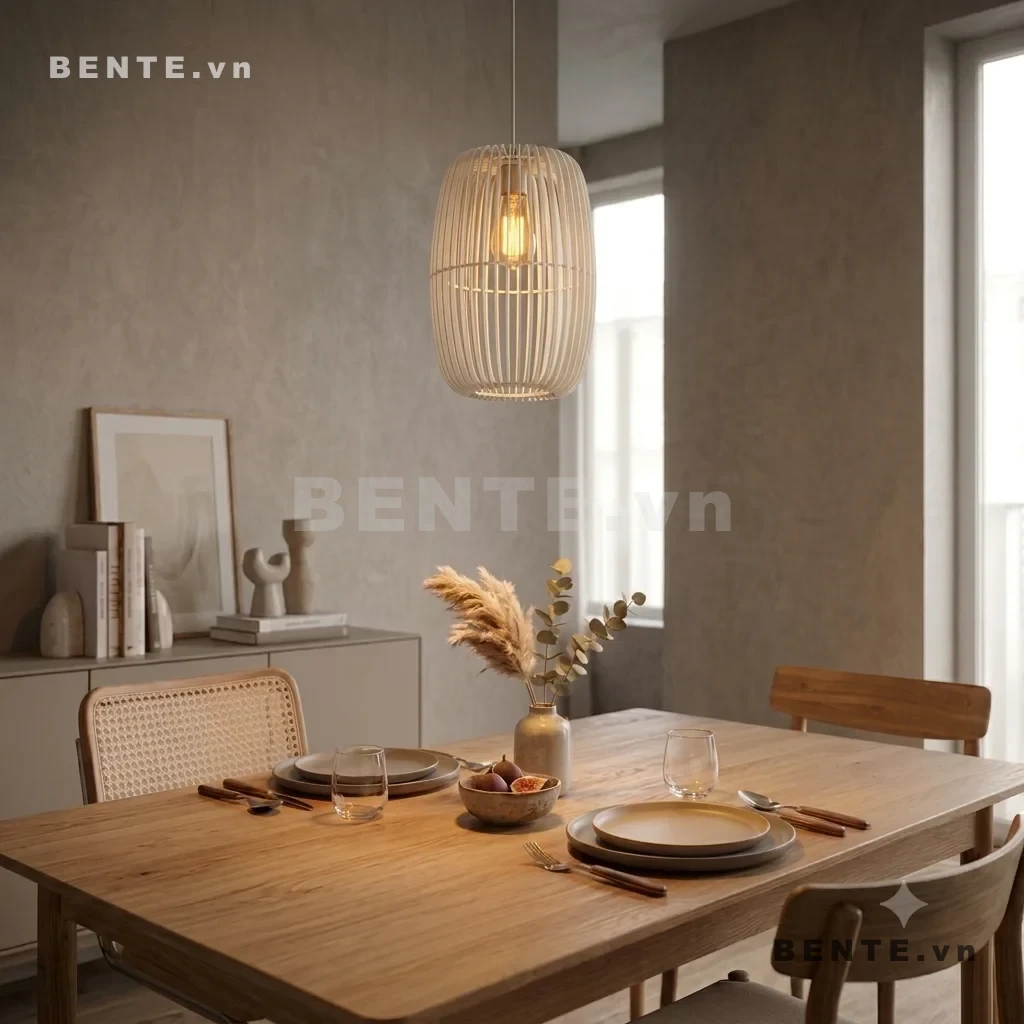 đèn thả bóng đèn trung tâm, đèn decor gỗ dáng capsule, đèn thả bàn ăn nan dọc, chụp đèn gỗ thân thuôn hai đầu, đèn thả gỗ lắp ráp dáng bầu