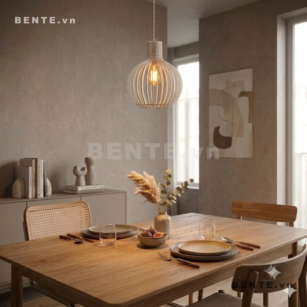 đèn gỗ vòng đáy ngang, chụp đèn gỗ khoảng hở toàn thân, đèn thả gỗ treo bàn ăn, đèn decor gỗ dáng bầu, đèn thả gỗ lắp ráp