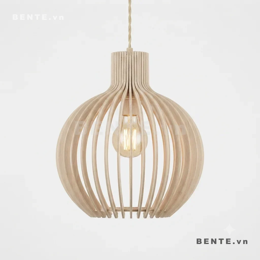 đèn thả gỗ dáng bầu, đèn chụp gỗ nan dọc uốn cong, đèn thả gỗ thân tròn bầu, đèn gỗ cổ chụp thu gọn, đèn thả nan cong mở rộng giữa thân