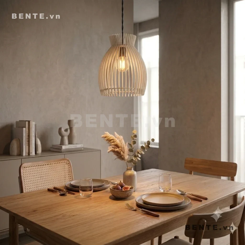 đèn thả phòng ăn dáng bầu, chụp đèn gỗ bóng lộ trung tâm, đèn decor gỗ nan cong, đèn thả bàn ăn thân bầu, đèn gỗ lắp ráp dáng bầu