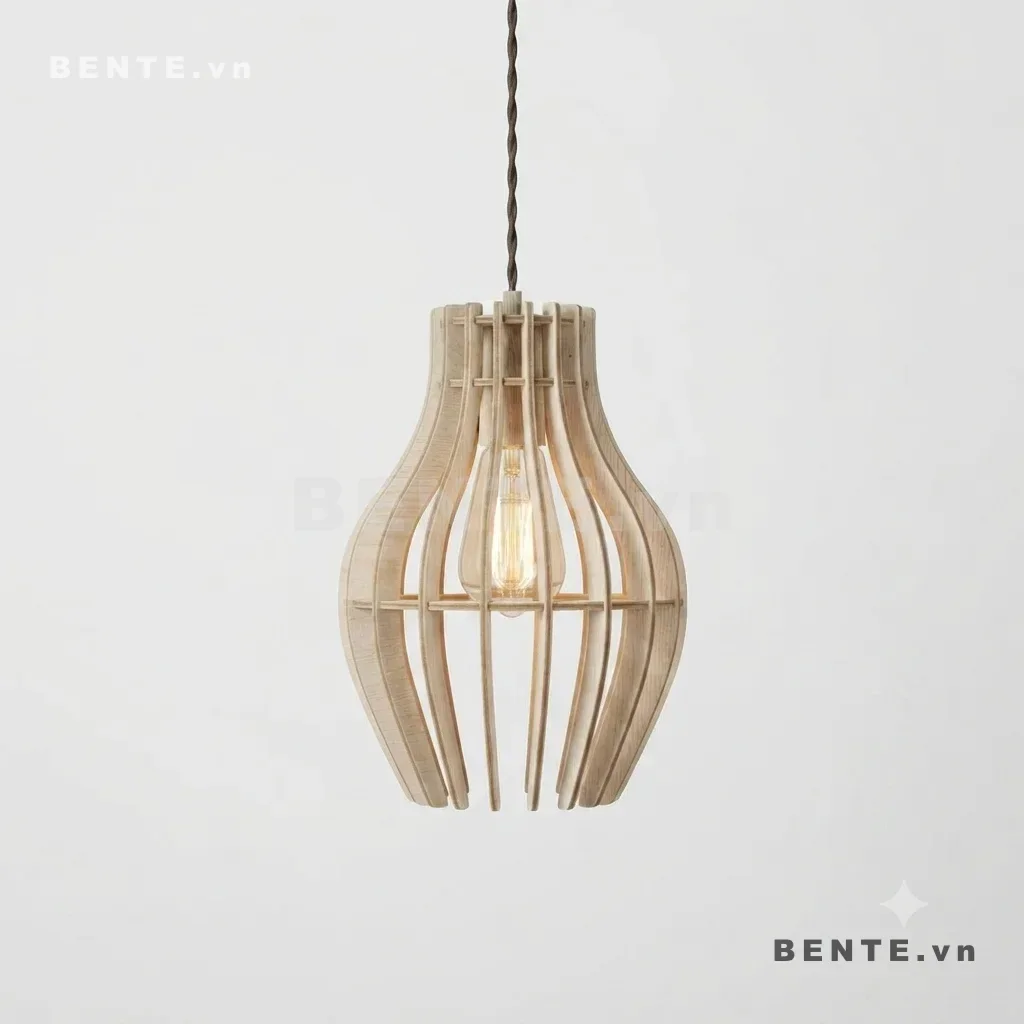 đèn thả gỗ dáng bầu thắt eo, đèn chụp gỗ nan dọc uốn cong, đèn thả gỗ thân bầu, đèn gỗ vòng ngang giữa thân, đèn treo gỗ chụp mở