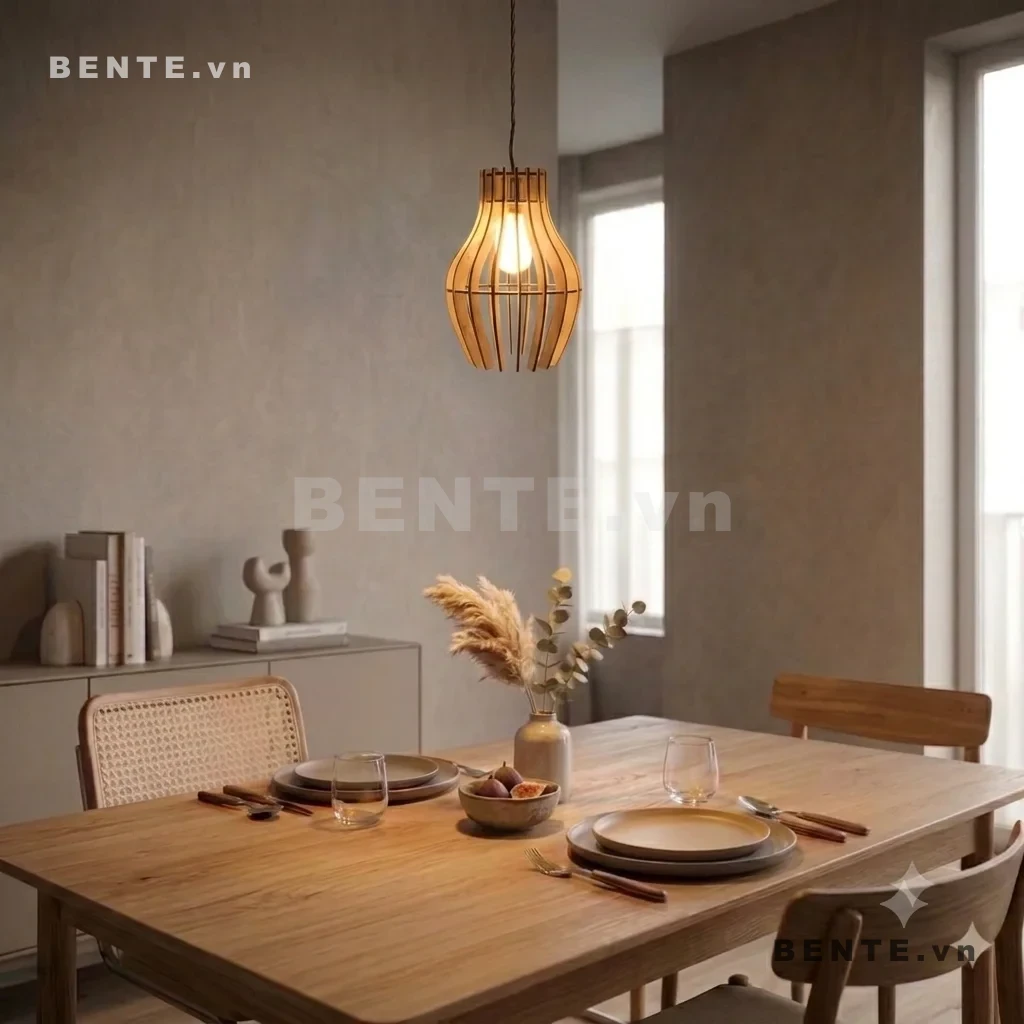 đèn thả phòng ăn dáng bầu, đèn gỗ treo bàn ăn nan cong, đèn decor gỗ hình bầu, chụp đèn gỗ bóng trung tâm, đèn thả gỗ lắp ráp dáng bầu