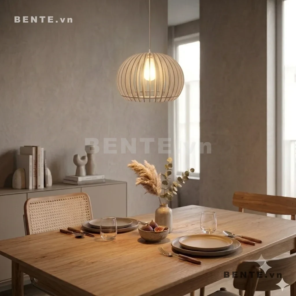 đèn thả phòng ăn dáng cầu, đèn gỗ treo bàn bóng lộ, chụp đèn gỗ khoảng hở toàn thân, đèn decor gỗ dáng bầu dục, đèn thả gỗ lắp ráp dáng cầu
