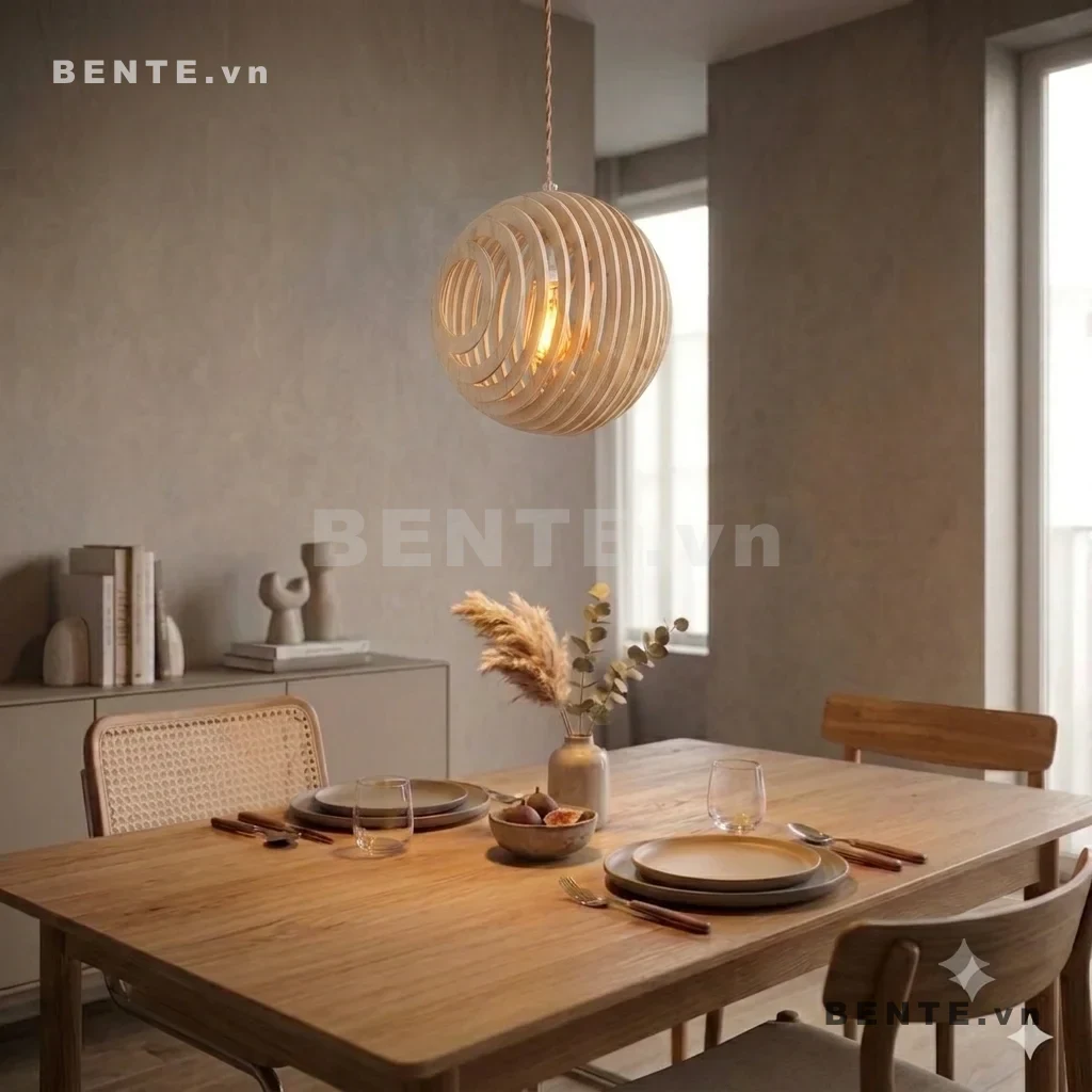 đèn gỗ vòng tròn xếp lớp, đèn treo gỗ bóng đèn lộ giữa, đèn decor gỗ dáng cầu, đèn thả phòng ăn vòng đồng tâm, đèn thả gỗ lắp ráp hình cầu