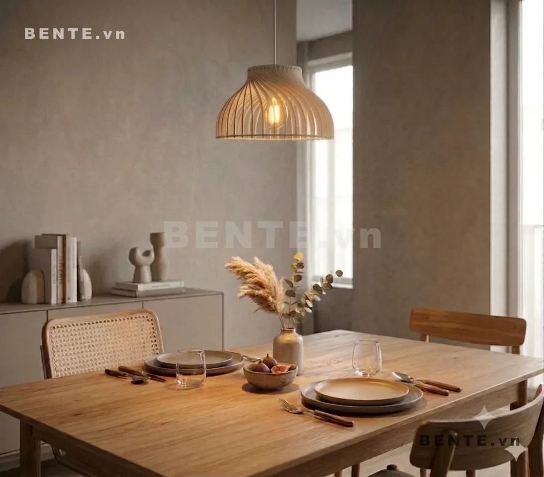 đèn chụp gỗ nan cong bao bóng, đèn treo bàn ăn dáng chuông, đèn decor gỗ thân bầu, chụp đèn gỗ khoảng hở dọc, đèn thả gỗ lắp ráp dáng chuông