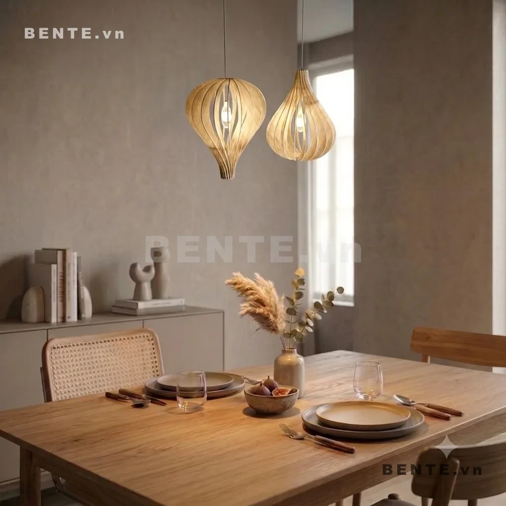 đèn treo gỗ nan cong bao bóng, đèn decor gỗ hình giọt nước, đèn thả phòng ăn dáng giọt nước, chụp đèn gỗ đáy thu nhọn, đèn thả gỗ lắp ráp dáng bầu