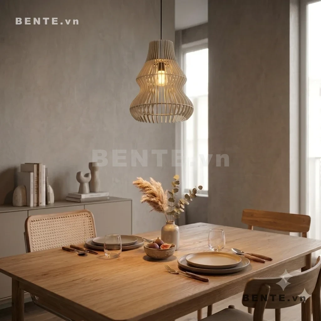 đèn thả gỗ bóng đèn trung tâm, đèn treo bàn ăn dáng eo, đèn decor gỗ hai tầng cong, chụp đèn gỗ khoảng hở dọc, đèn thả gỗ lắp ráp thân uốn lượn