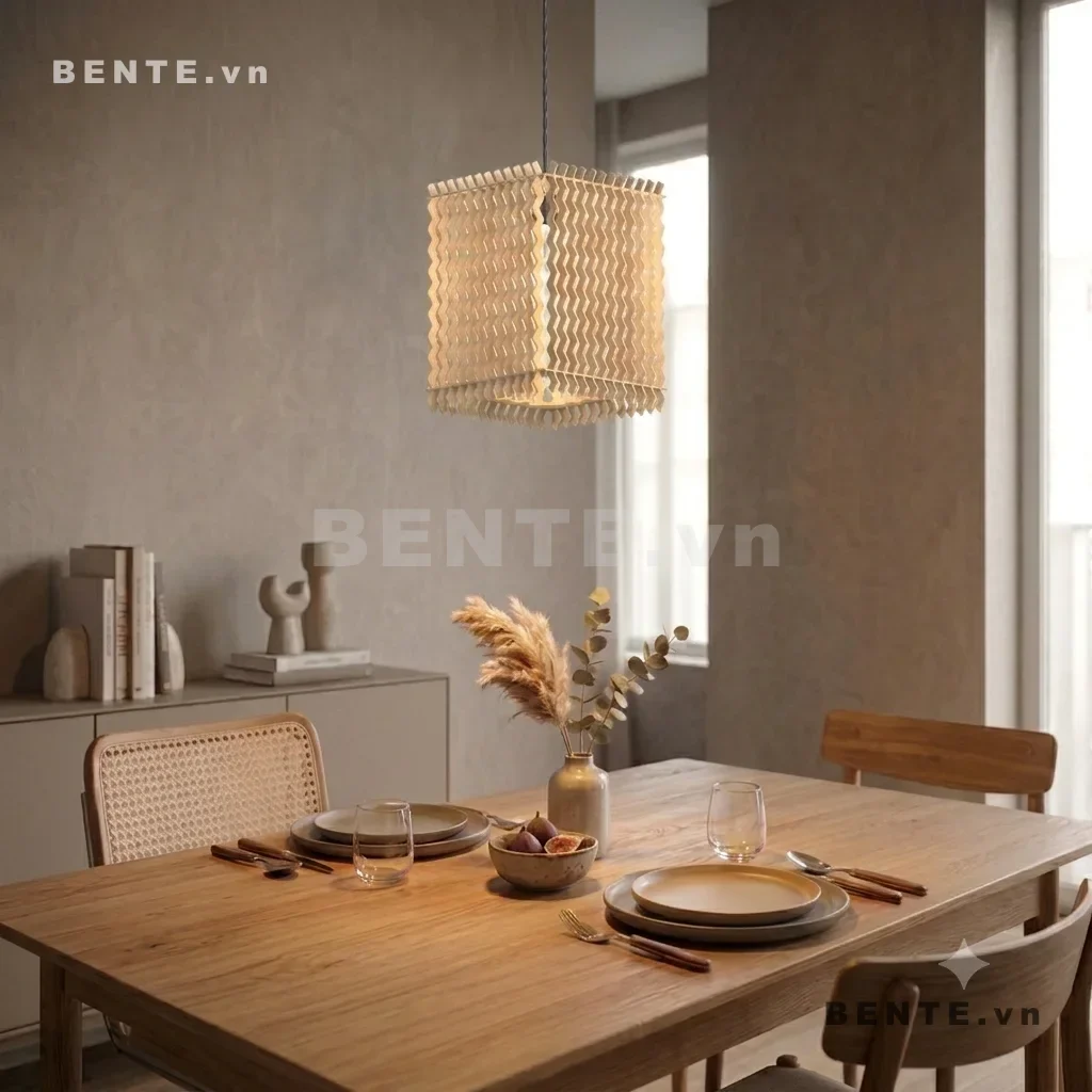 đèn thả bóng đèn lộ giữa, đèn gỗ thân gợn sóng đứng, đèn decor gỗ dáng hộp, đèn thả bàn ăn khung nan, đèn thả gỗ lắp ráp dáng chữ nhật