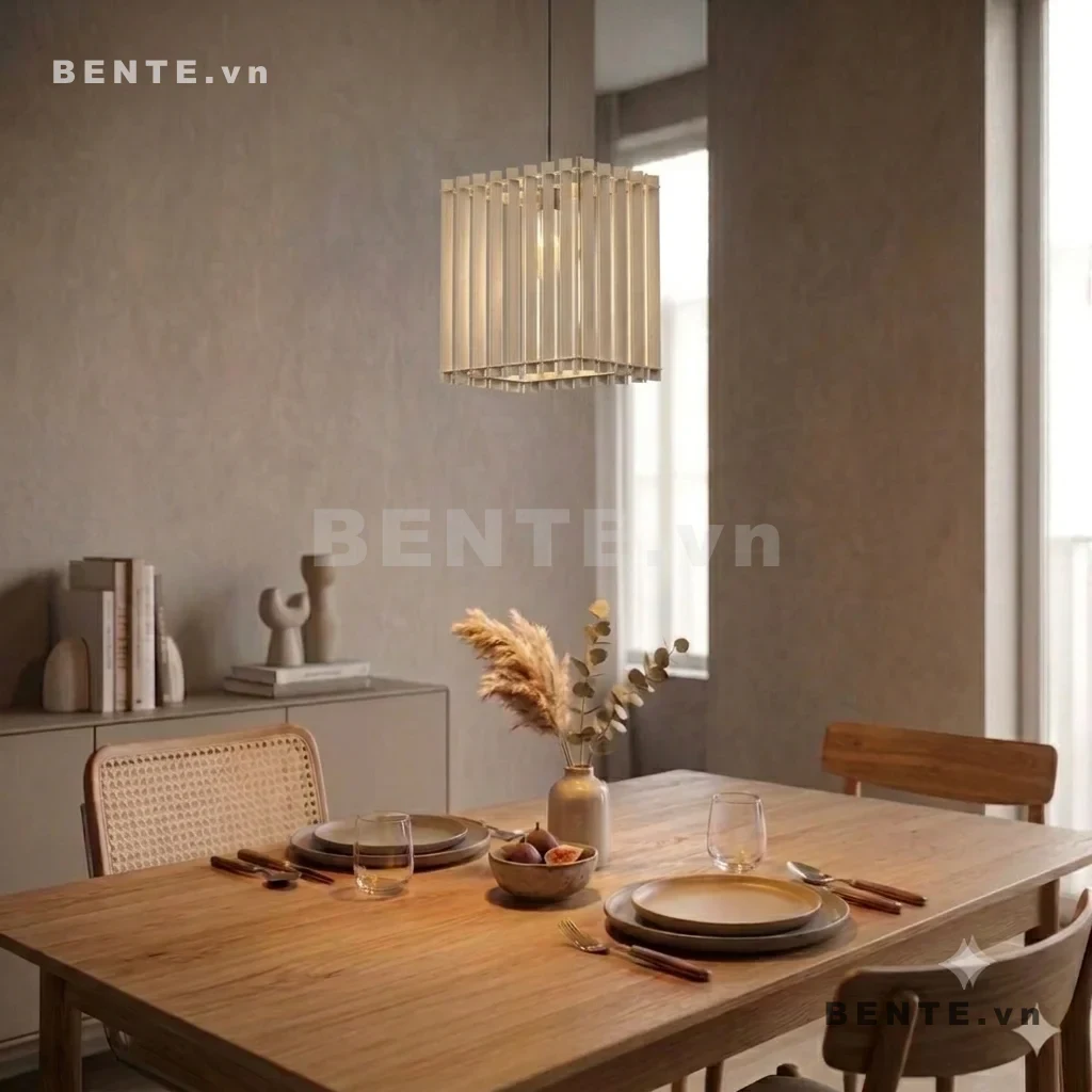 đèn treo gỗ thân hộp, đèn thả bóng đèn trung tâm, đèn decor gỗ nan thẳng, đèn thả bàn ăn khung chữ nhật, đèn gỗ lắp ráp dạng hộp