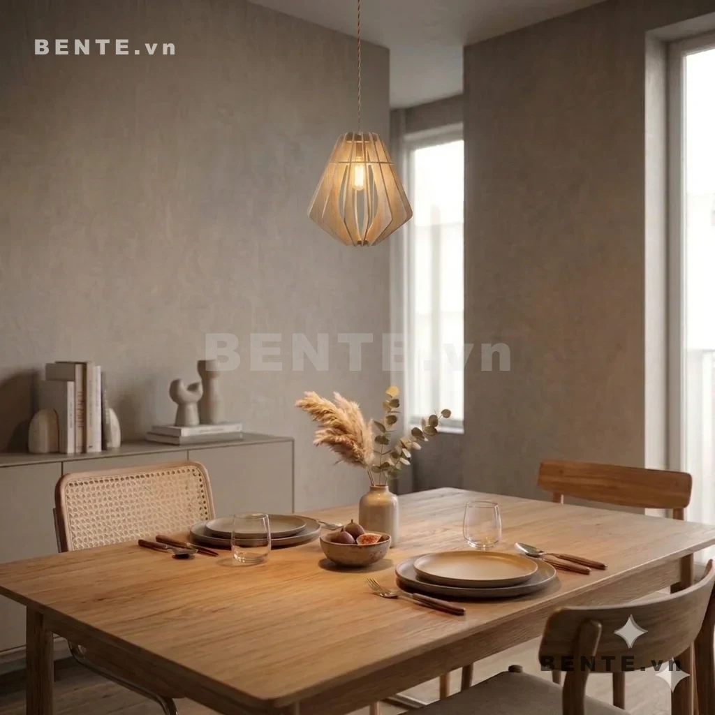 chụp đèn gỗ bóng lộ trung tâm, đèn treo gỗ dáng đa giác, đèn thả gỗ treo bàn ăn, đèn decor gỗ hình kim cương, đèn thả gỗ lắp ráp khung nan