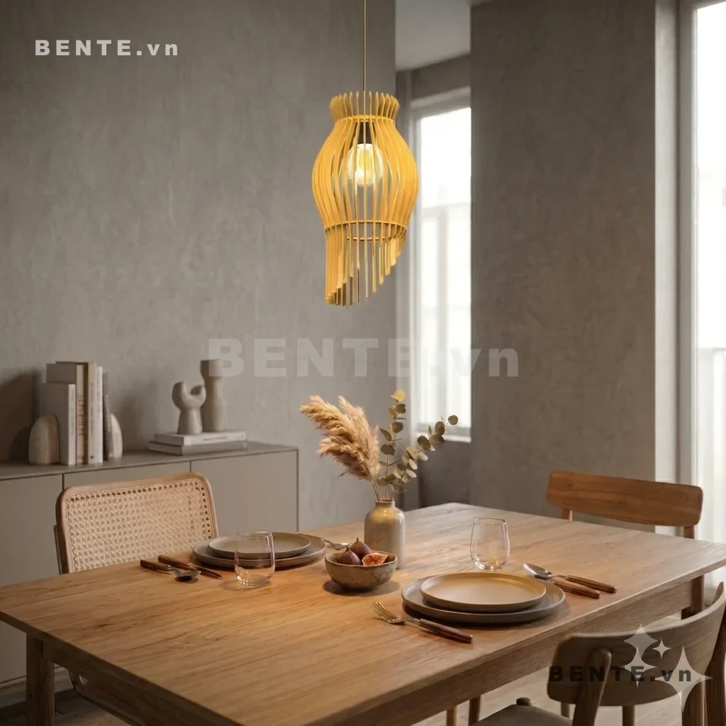 đèn treo gỗ thân bầu thuôn, đèn decor gỗ dáng rủ, đèn thả phòng ăn nan cong, chụp đèn gỗ đáy nan dài, đèn thả gỗ lắp ráp dáng lồng đèn