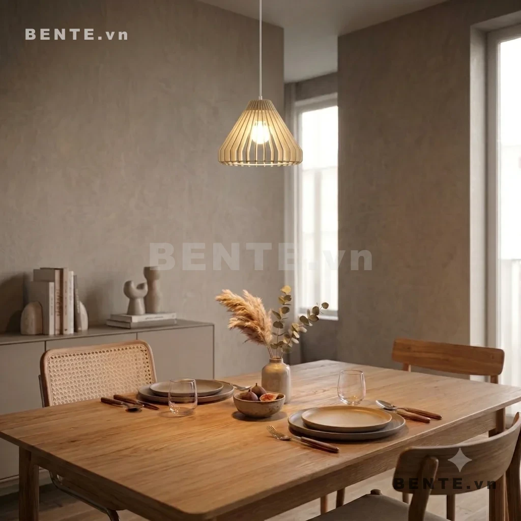 đèn gỗ treo bàn ăn, đèn thả gỗ bóng lộ trung tâm, chụp đèn gỗ nan dọc, đèn decor gỗ dáng thuôn, đèn thả gỗ lắp ráp dáng nón