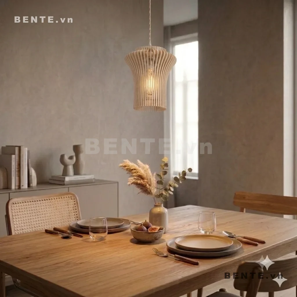 đèn treo gỗ nan cong bao bóng, đèn decor gỗ dáng loe, đèn thả bàn ăn thân thắt eo, chụp đèn gỗ khoảng hở dọc, đèn thả gỗ lắp ráp thân cong