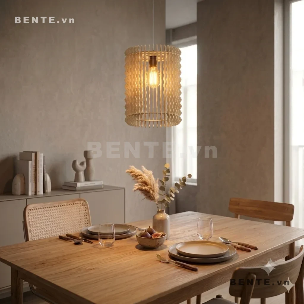 đèn thả bóng đèn lộ trung tâm, đèn gỗ thân trụ gợn sóng, đèn decor gỗ dáng trụ, đèn thả bàn ăn nan sóng, đèn gỗ lắp ráp nan gợn sóng