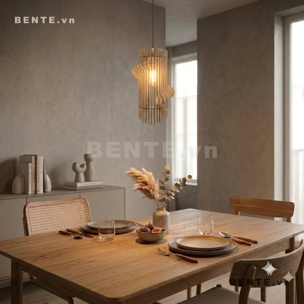 chụp đèn gỗ lượn sóng hai bên, đèn treo gỗ bóng lộ trung tâm, đèn decor gỗ dáng trụ, đèn thả phòng ăn nan dọc, đèn gỗ lắp ráp hình trụ lượn sóng