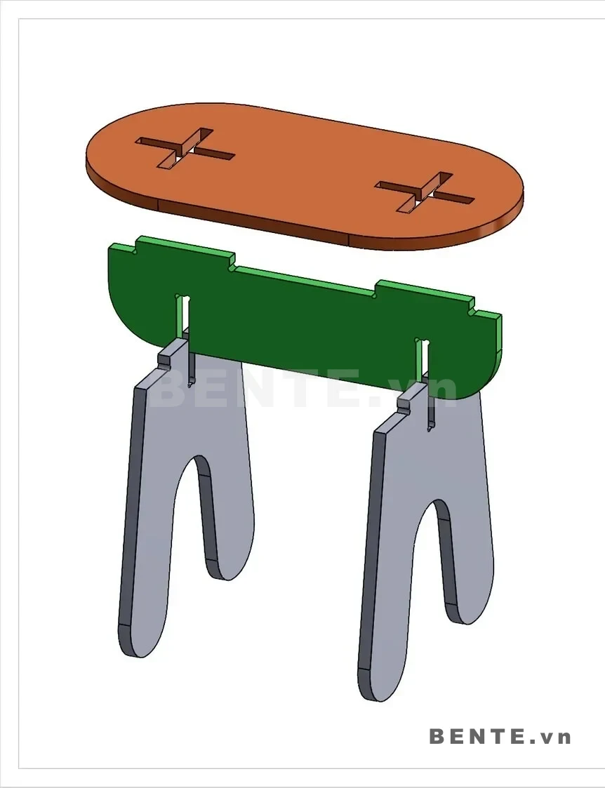ảnh hướng dẫn lắp ráp, ghế băng gỗ mặt oval, ghế băng chân tấm khoét vòm