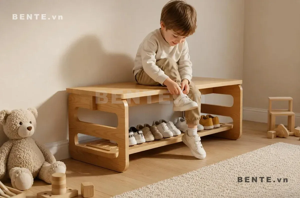 ghế băng mặt ngồi bo góc, kệ giày chân khoét ô cong