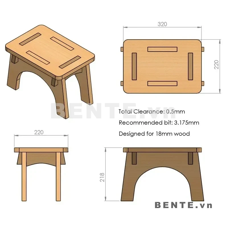 ảnh kích thước, ghế đôn gỗ mặt chữ nhật bo góc, ghế đôn chân tấm khoét vòm, ghế stool hai bên khoét vòm