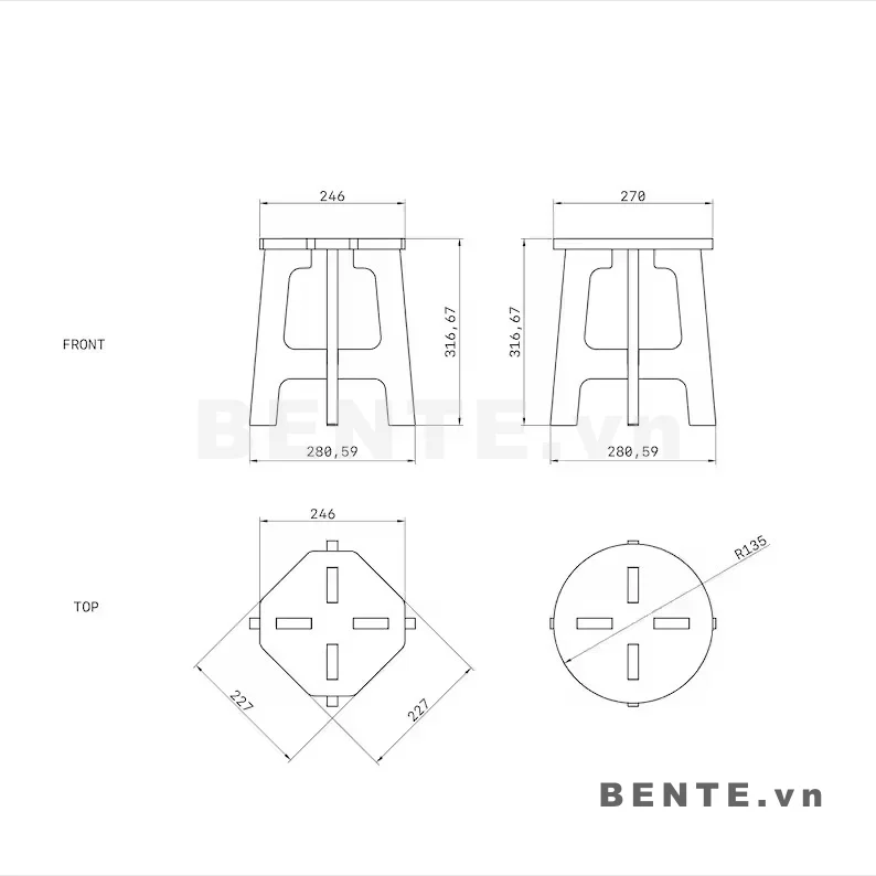 ảnh kích thước, ghế đôn gỗ mặt đa giác bo góc, ghế đôn chân tấm khoét ô