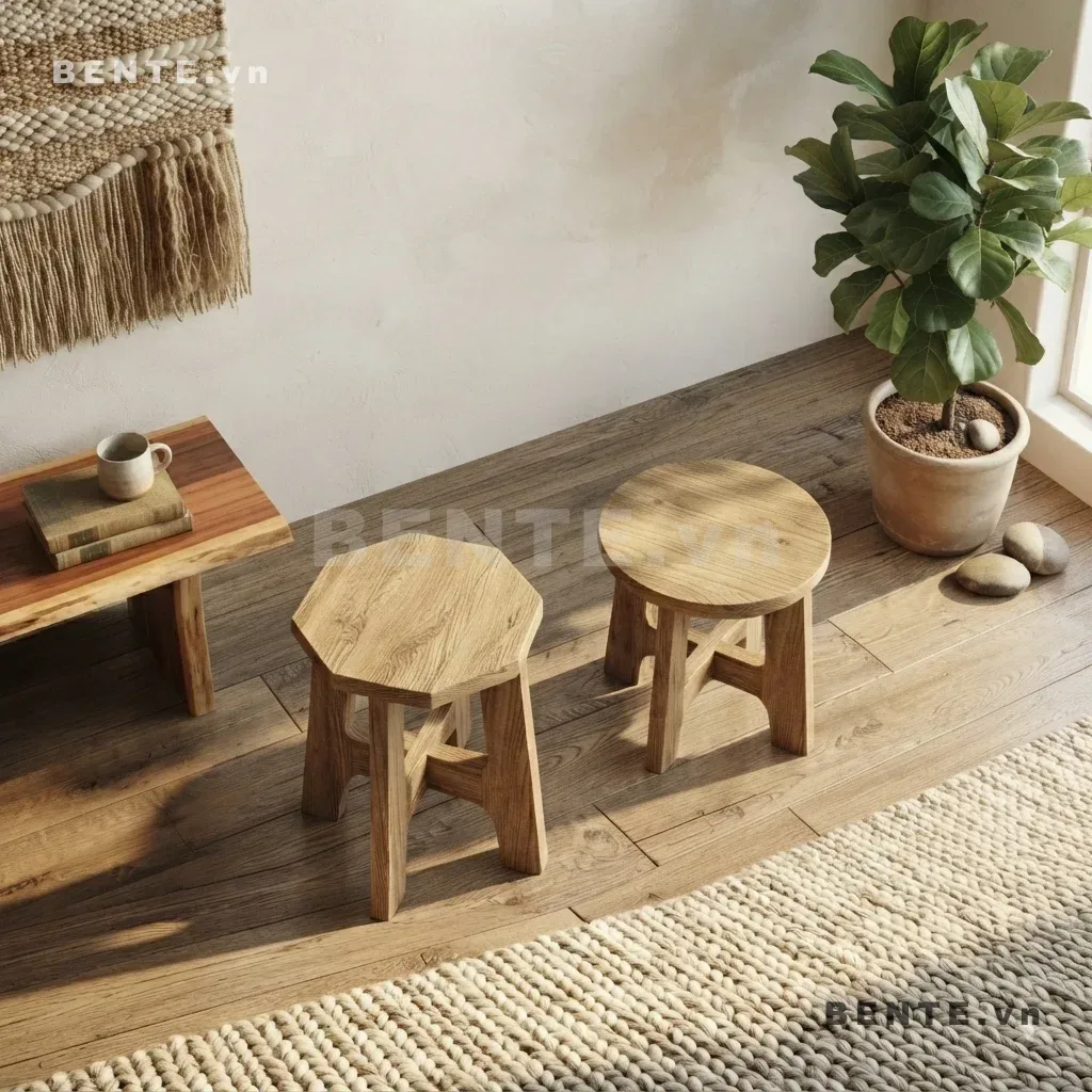 ghế stool chân khoét ô, ghế đôn phòng khách hình đa giác