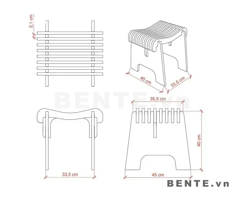 ảnh kích thước, ghế đôn gỗ mặt ngồi nan cong, ghế stool nan bo cong, ghế đôn chân tấm khoét vòm
