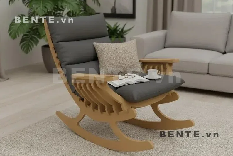 ghế bập bênh tay vịn nan cong, ghế rocking chair có đệm