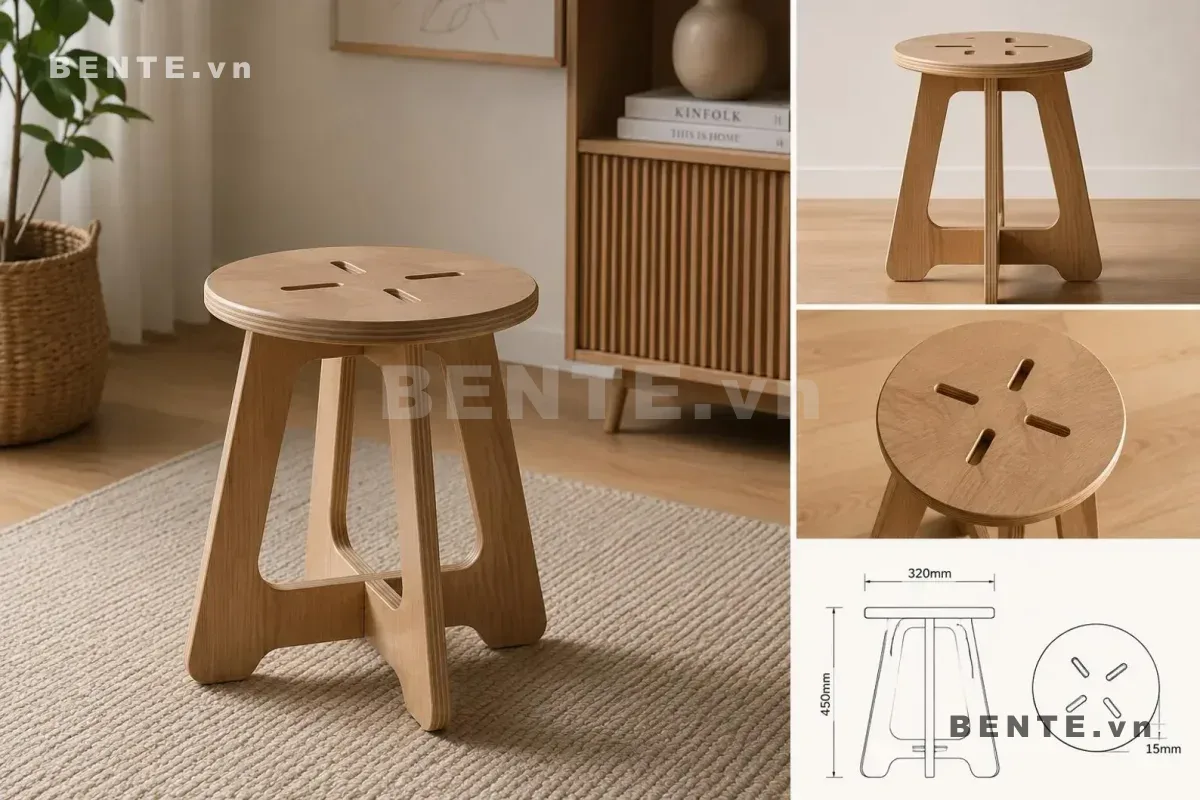 ảnh kích thước, ghế đôn gỗ mặt tròn, ghế đôn 4 chân tấm khoét vòm