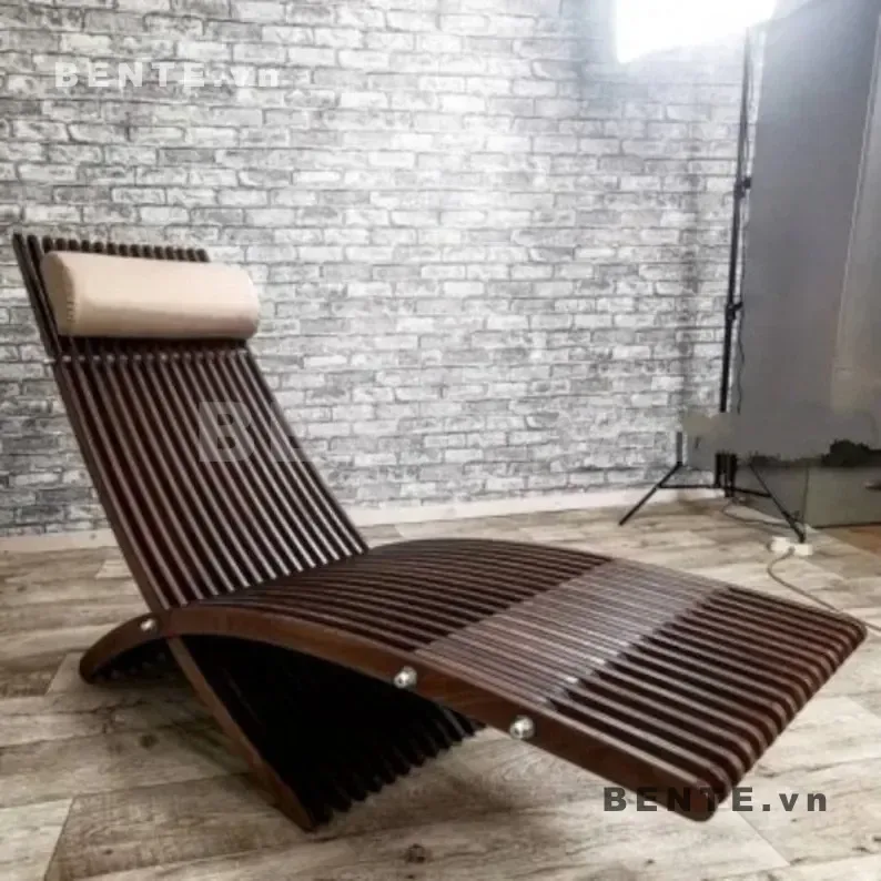 ghế nằm nghỉ gỗ lắp ráp, ghế thư giãn phòng khách có gối cổ