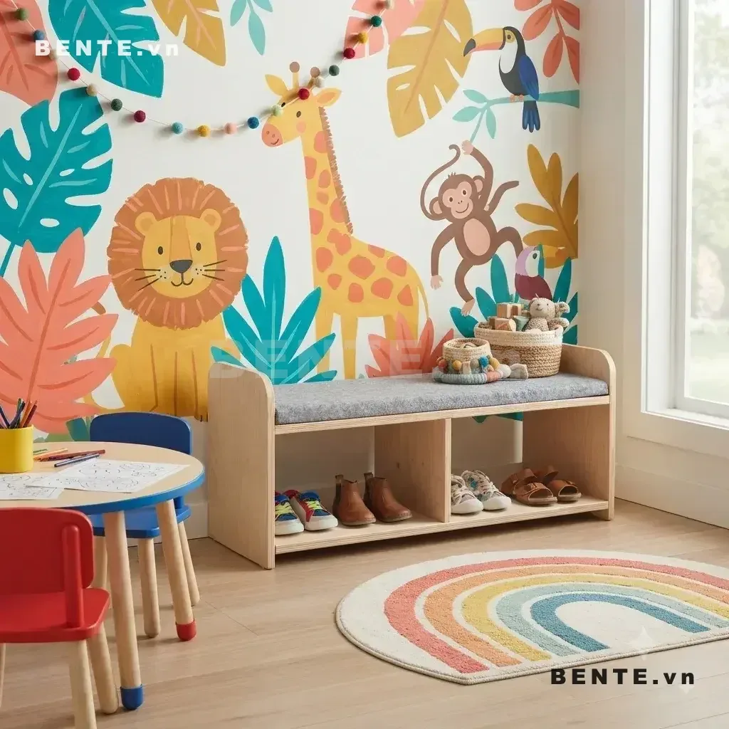 kệ giày Montessori có ghế, ghế ngồi để giày cho bé