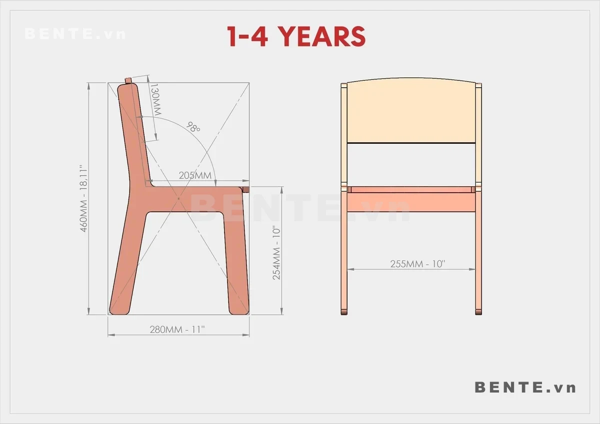ảnh kích thước, ghế trẻ em hông cong liền chân, ghế tựa cho bé chân liền khung