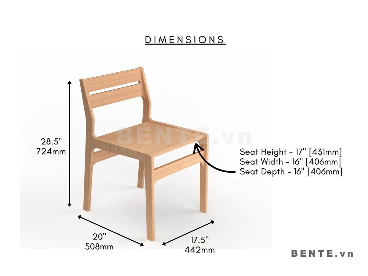 ảnh kích thước, ghế gỗ mặt ngồi bo cong, ghế gỗ thanh giằng thấp