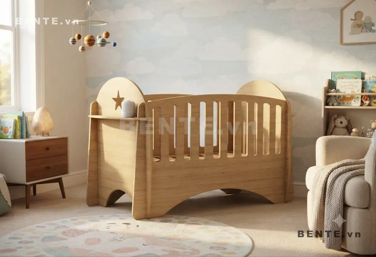 cũi gỗ chân khoét vòm, cũi em bé lan can nan dọc