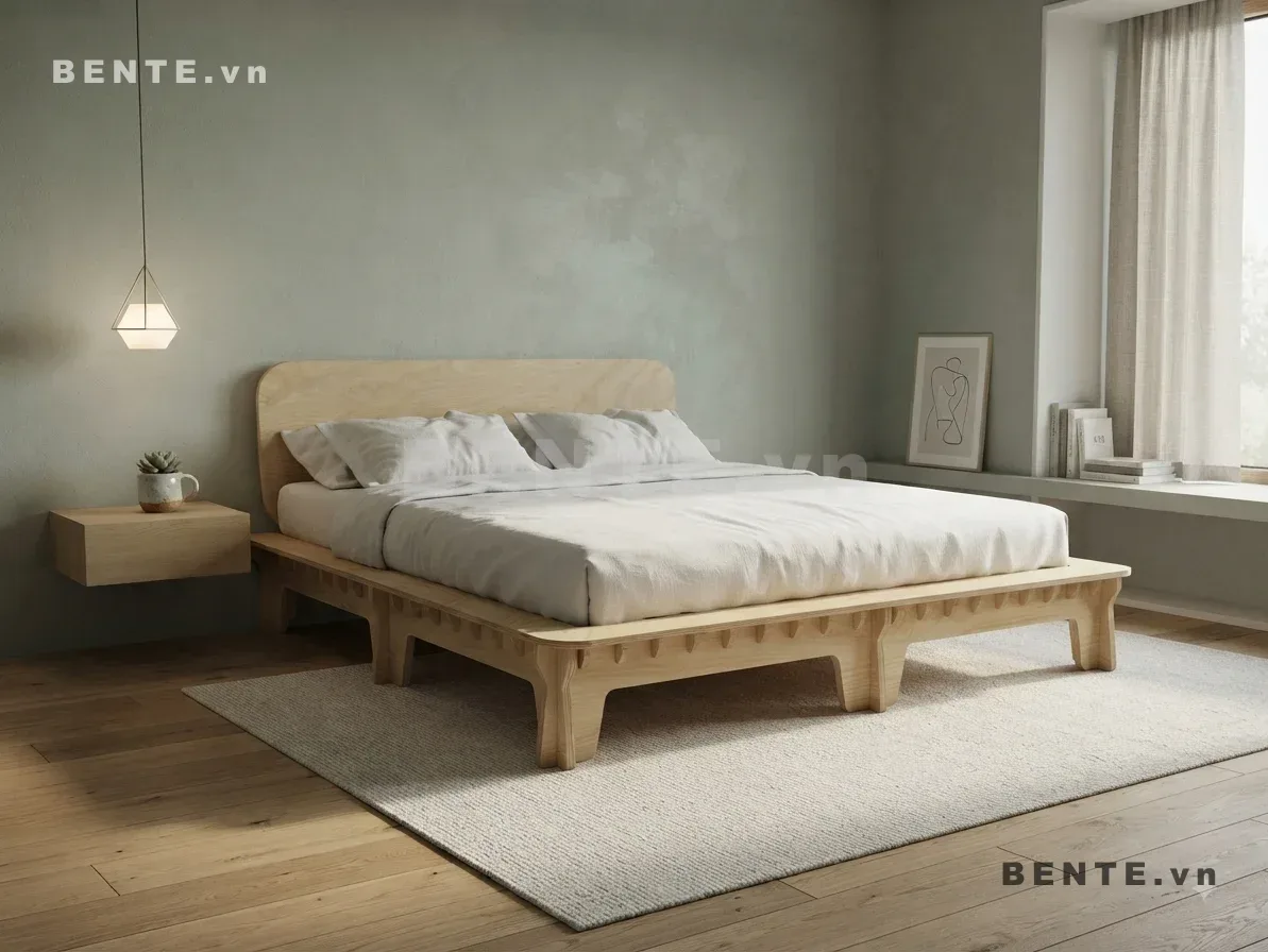 giường gỗ Scandinavian họa tiết tam giác, giường gỗ đầu giường bo cong bản rộng