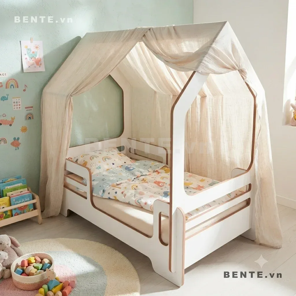 giường trẻ em lan can hai thanh ngang, giường ngủ bé khung nhà hai đầu