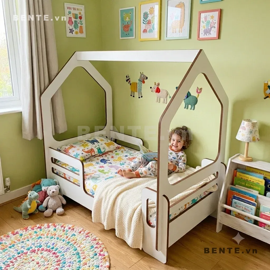 giường hình nhà có khung mái, giường gỗ trẻ em lắp ráp