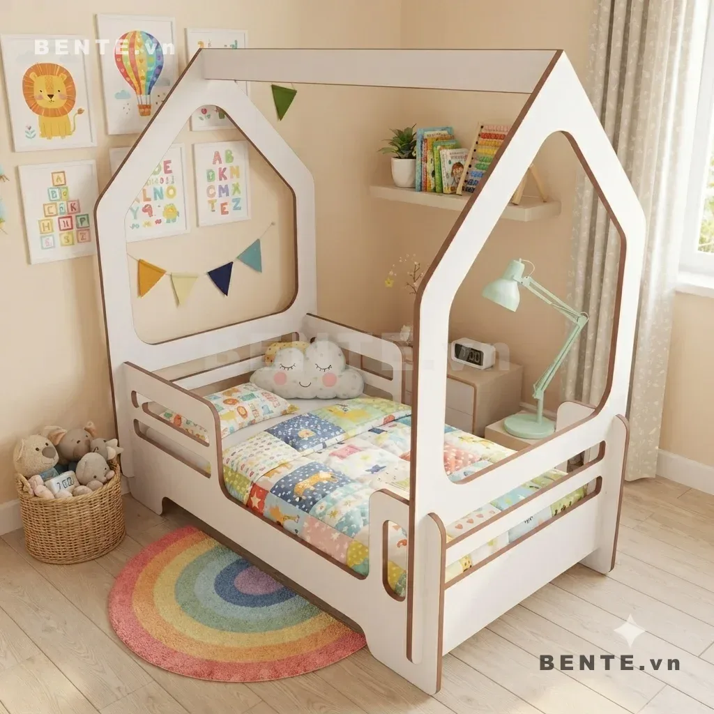 giường Montessori lan can thấp, giường ngủ trẻ em góc bo cong