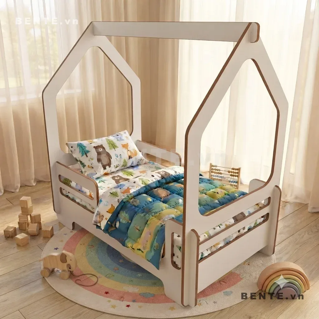 giường trẻ em chân khoét vòm, giường gỗ cho bé đầu giường hình nhà