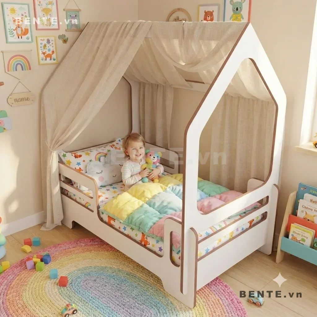 Giường Gỗ Trẻ Em Hình Ngôi Nhà, Lắp Ráp Đơn Giản - I61428, giường gỗ trẻ em hình ngôi nhà, giường Montessori khung mái nhà, giường trẻ em lan can hai thanh ngang, giường ngủ bé khung nhà hai đầu, giường trẻ em chân khoét vòm, giường gỗ cho bé đầu giường hình nhà, giường Montessori lan can thấp, giường ngủ trẻ em góc bo cong, giường hình nhà có khung mái, giường gỗ trẻ em lắp ráp