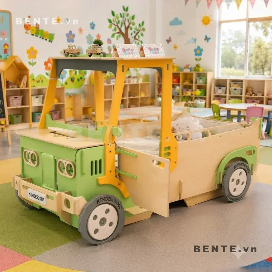 giường gỗ trẻ em hình xe tải, giường ngủ bé hình ô tô, giường xe tải có cabin
