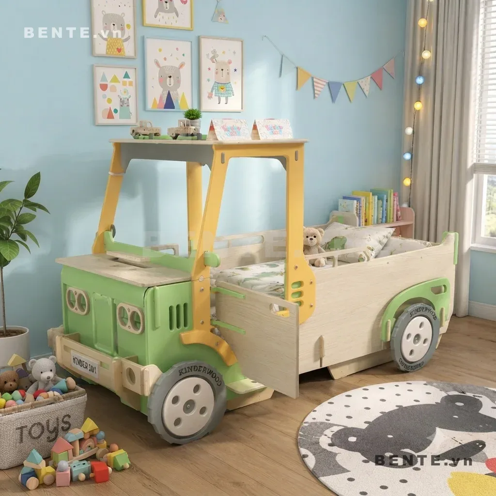 giường trẻ em bánh xe hai bên, giường xe tải khung mui mở, giường gỗ xe công trình cho bé